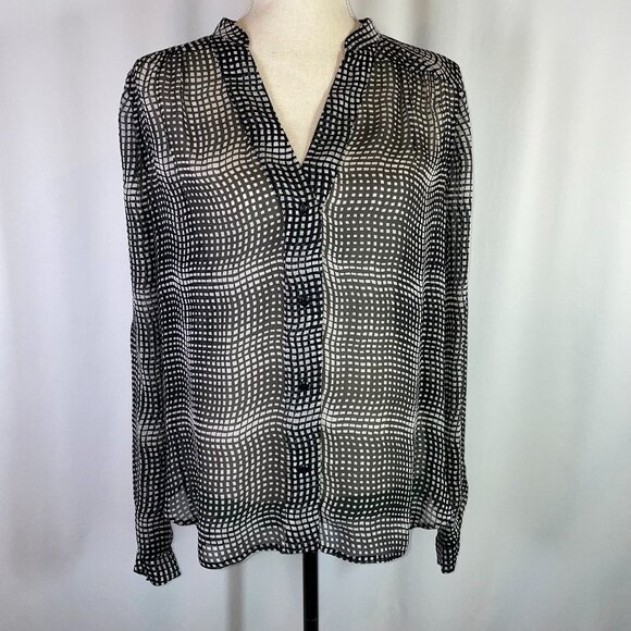 Diane von Furstenberg Silk Blouse Harlow Optic Black White Long Sleeves Size 6 - Picture 1 of 15